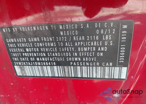 2013 Volkswagen Jetta 2.0L S из США, поврежденный, VIN 3VW2K7AJ1DM368416